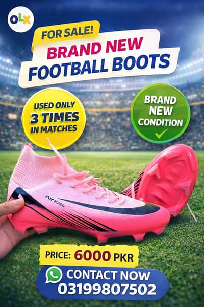 1 Brand New Football Boots – Only Used 3 Matches | Size 7.5 | 6000 PKR