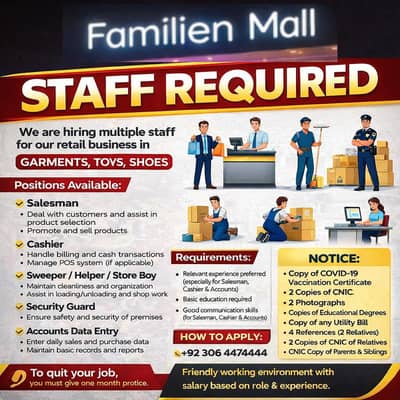 Salesman , Cashier , Guard , Store Boy , Accounts , Data entry (Jobs)