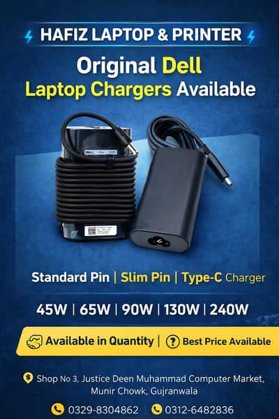 Original Dell Laptop Charger Standard Pin Slim Pin Type C Available