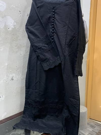 black suit with printed dupatta