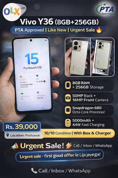 Vivo Y36 (8GB+256GB) PTA Approved | Like New | Urgent Sale 