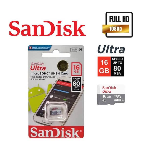 SanDisk Ultra 16GB Class 10 SDHC UHS-I Memory Card up to 80MB/s, 533X