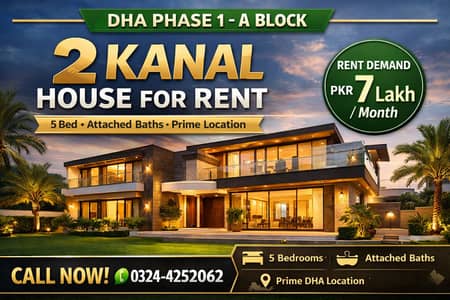 2 Kanal Luxury House for Rent in DHA Phase 1 A Block Lahore | 5 Bed Attached Bath | Prime Location