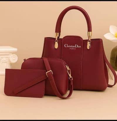 maroon leather woman's 3pc hand beg set
