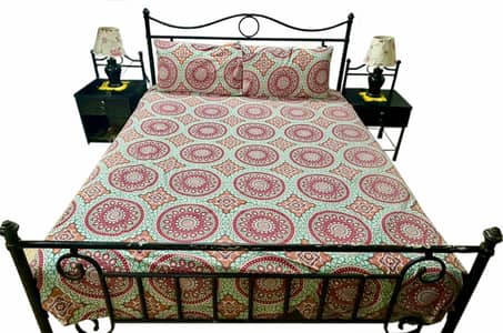 Stylish Double Bed + Spring Mattress + Matching Side Table – Like New