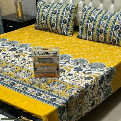 Cotton Printed Double Bedsheet Set Yellow Blue Floral 3 Pcs