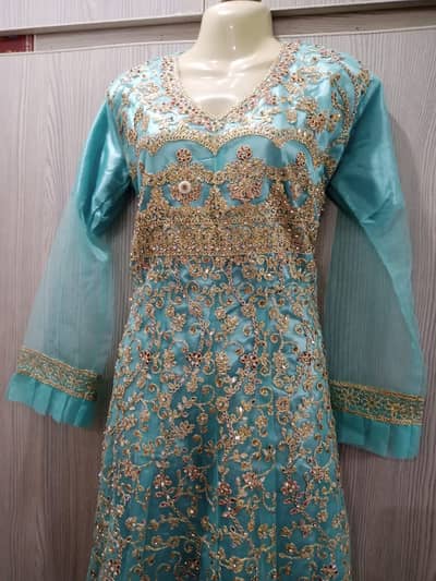 Aqua Blue Formal Dress with Gold Embroidery | Stone Work Formal Dress