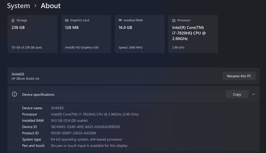 HP ZBook Studio G4 – Core i7, 16GB RAM, 256GB SSD