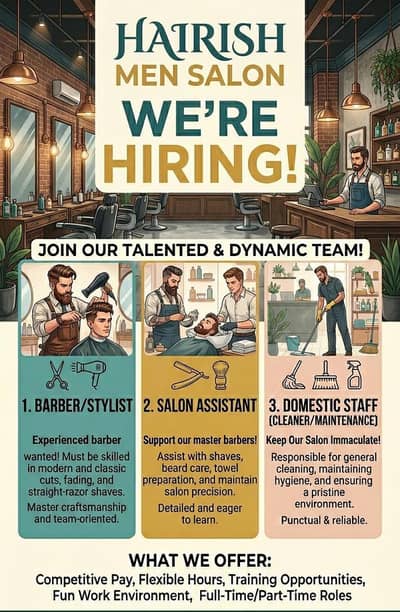 Need Barbers , Halpers  and domestic staff