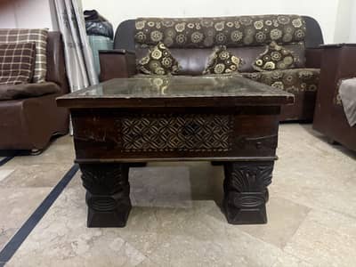 “Solid Wooden Hand-Carved Center Table with Glass Top”