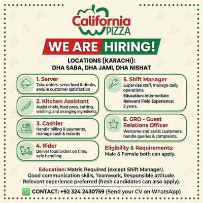 GRO , Cashier , Kitchen Assistant , Rider , server Restaurant Jobs