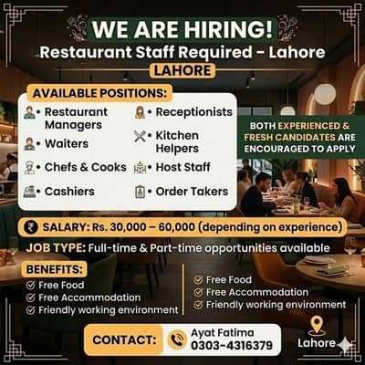 need urgent staff waiter odertaker GRO cashier supervisor saleman ava