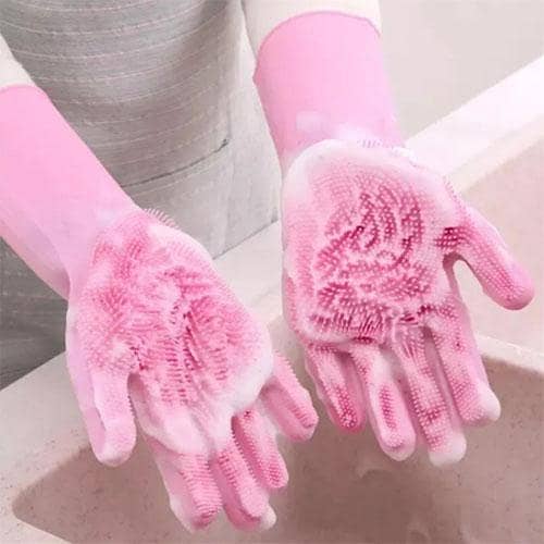 Magic Reusable Silicone Gloves with Wash Scrubber, Heat Resistant, for Cleaning, Household, Dish Washing, Washing the Car - 1Pair