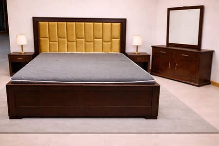 wooden bed with two side tables