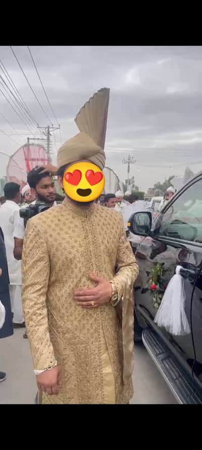 Golden sherwani 4 Pieces with turban khussa and suit