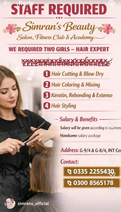 Urgently Hiring Expert Beautician & Hair expert