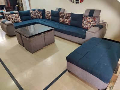 L-Shape Sofa Set + Table + 4 Stools – Urgent Sale