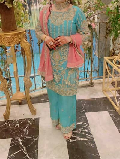 3Pc organza Hand Made Kora Dabka Stone Sequence Work