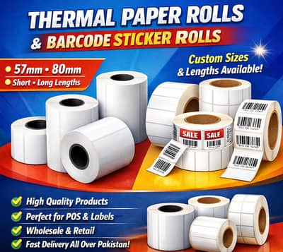 POS thermal paper Rolls 57mm 80mm & Barcode Labels Available