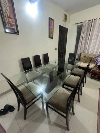 8-Seater Designer Glass Dining Table Set – Solid Wood & Tempered Glass