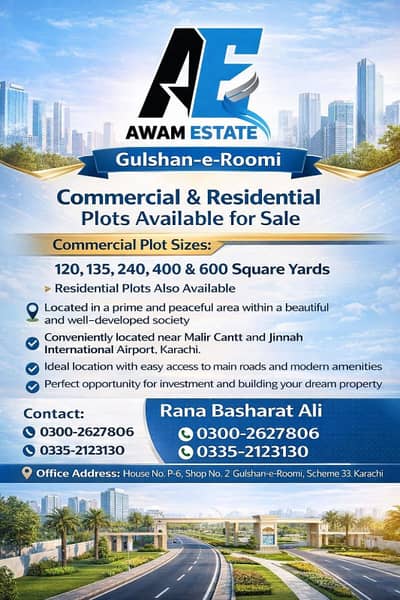 240 sq plot for sale Gulishan E Roomi scheme 33 nice location lease