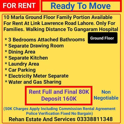 10Marla Ground Floor For Rent At Link Lawrence Road Lahore