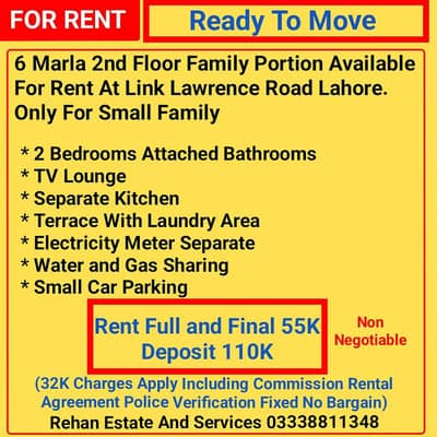 6Marla 2nd Floor Family Portion For Rent At Link Lawrence Road Lahore