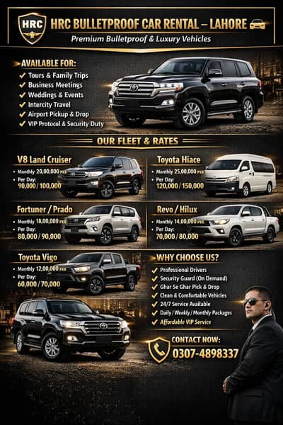 Bulletproof & Luxury Cars for Rent Lahore | V8, Fortuner Available