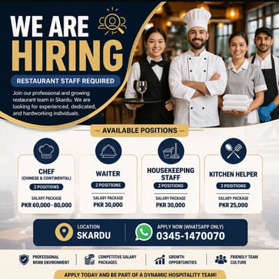 Restaurant Jobs in Skardu || Chef, waiter, Housekeeper, Helper