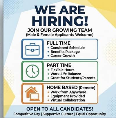 We are hiring male or female for homebase or part and full time