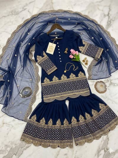 Blue Embroidered 3Pcs Shamoz Silk Suit for Eid Party Wear