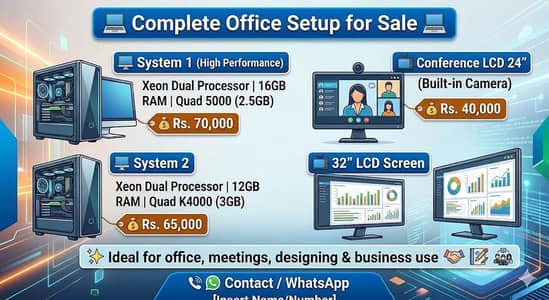 Workstation Setup with 2 PCs + 32” LCD + Conference LCD