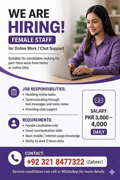 Female Required for Online Chat Support Staff