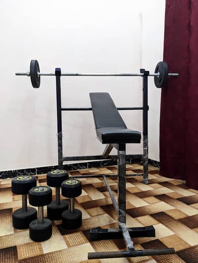 Gym bench press with dumbbells, weight plates and rod