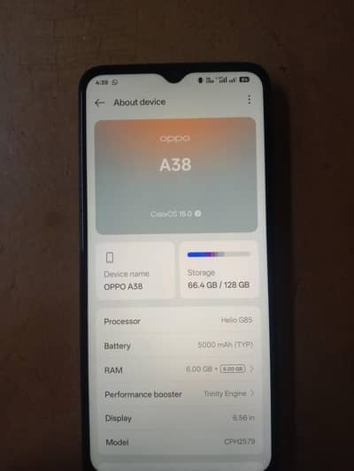 Oppo a38 6/128 GB like new mobile no fault