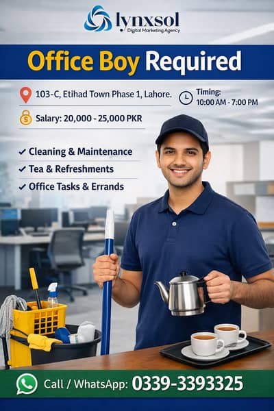 Office Boy Required in Etihad Town Lahore | Salary 20–25k | Full-Time