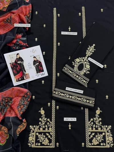 Elegant Black Embroidered Lawn Suit - 3 Piece