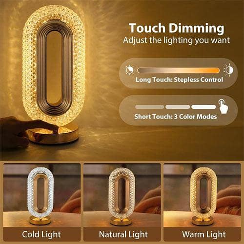 Crystal Table Lamp 3Modes Oval Rechargeable Night Light with USB Port