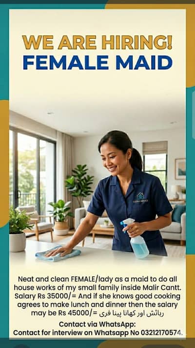 FULL-TIME, 24 HOURS, FEMALE MAID/COOK