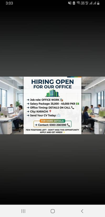 Hiring staff for Office work Part time & Full time both