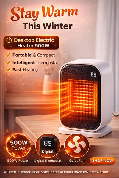 Desktop Electric Heater 500W | Portable Smart Thermostat Heater for H