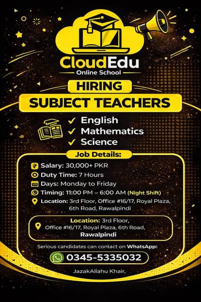 Hiring Subject Teachers (English, Math, Science) Night Shift