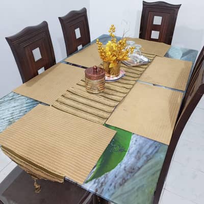 6 chairs dining table with printed glass top