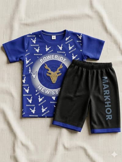 Kids Summer Suit | Stylish Markhor Printed T-Shirt & Shorts Set 