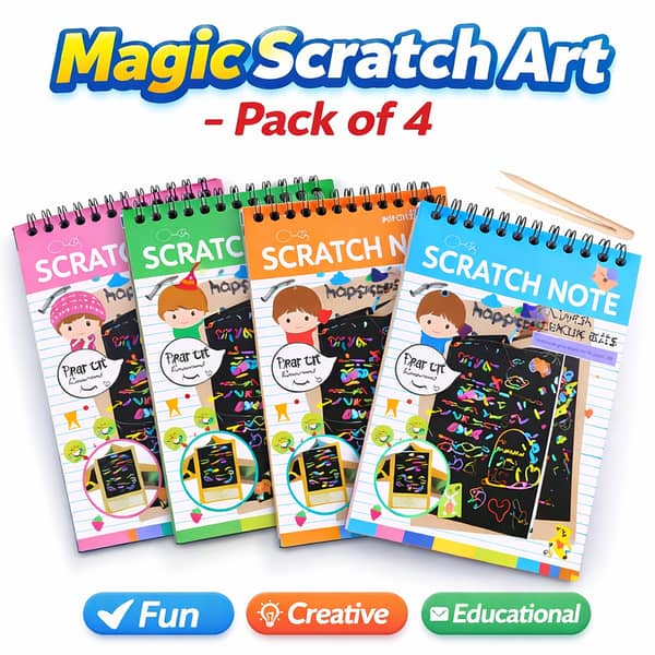 Kids Scratch Art Notebook Set (Pack of 4) | Magic Rainbow Drawing Book for Children | Creative DIY Scratch Paper Pads with Wooden Stylus | Educational & Fun Activity Toy