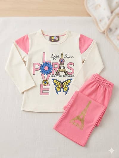 Girls Cute Paris Suit | Stylish Full Sleeve T-Shirt & Trouser Set 