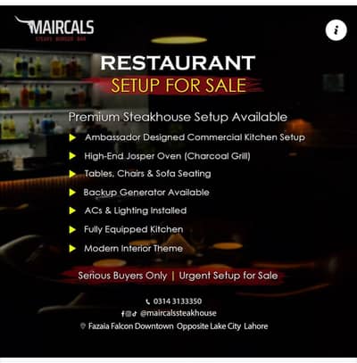 Running Restaurant Setup for Sale in Lahore (Prime Location)