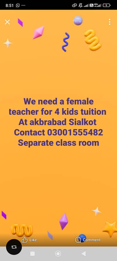 we need a female teacher for kids tuition