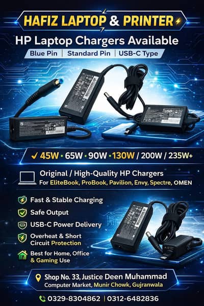 HP Laptop Charger 45W/65W/90W/135W/ Blue Pin | USB-C | Tested Quality