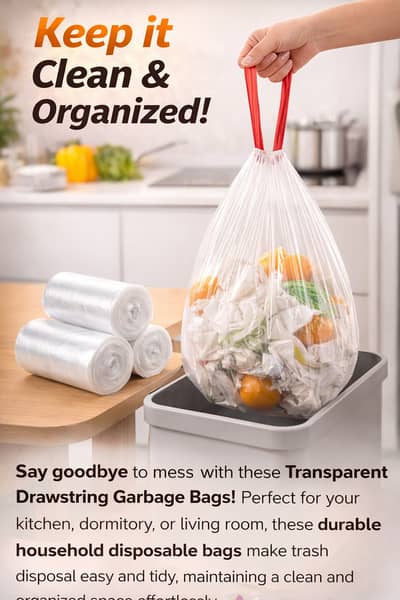 Transparent Drawstring Garbage Bags | Strong Leakproof Disposable Tra